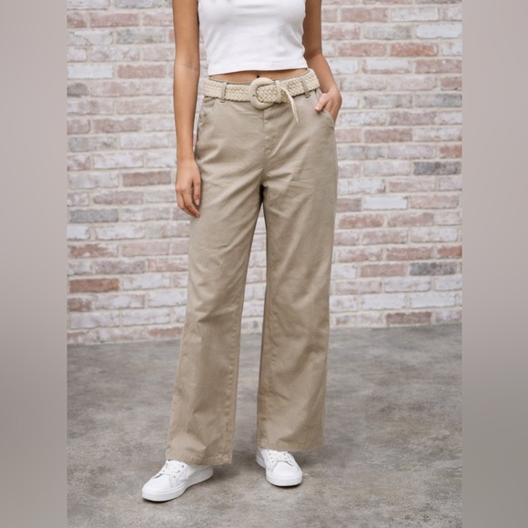 Pants - Wide Leg Cotton Pants in Beige with Belt, M